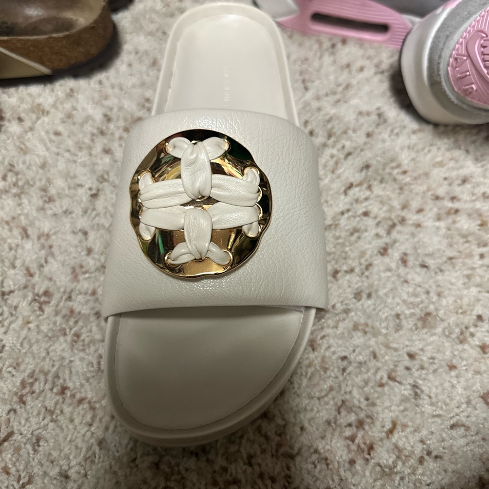 Tory Burch Cream Slide Sandals with Gold Accent